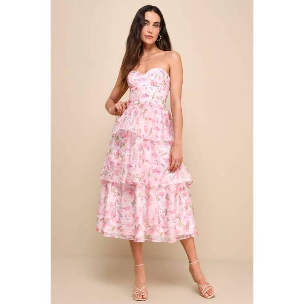 Lulus Pristine Cutie Light Pink Floral Organza Bustier Midi Dress - Size S